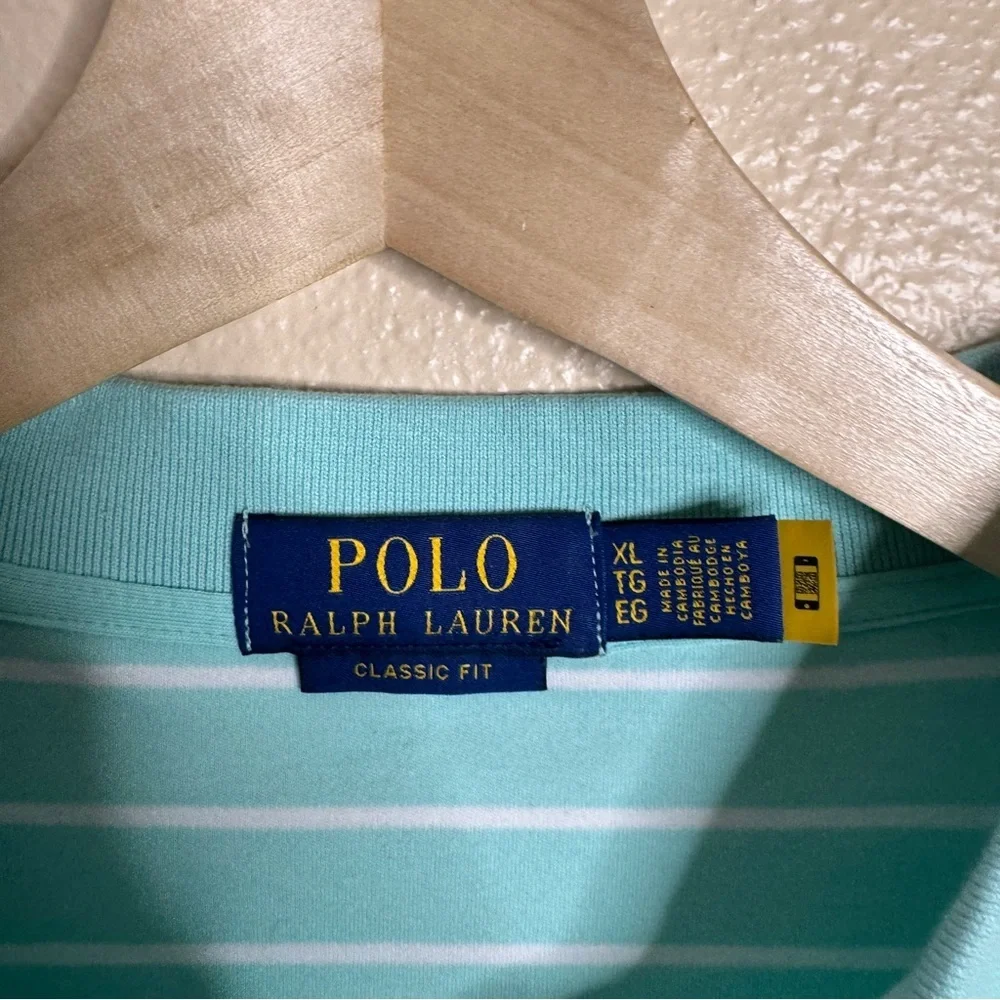 Ralph Lauren Shirt Men's XL Aqua Striped Polo Classic Fit Short Sleeve Soft